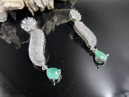 Stylish AD and Baguettes Necklace with Green Drop