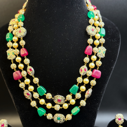 Three String Maala with Pearl ruby Emerald and Golden Balls