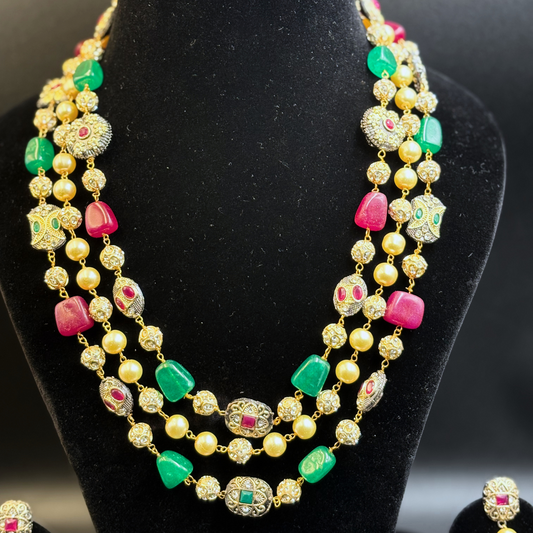 Three String Maala with Pearl ruby Emerald and Golden Balls