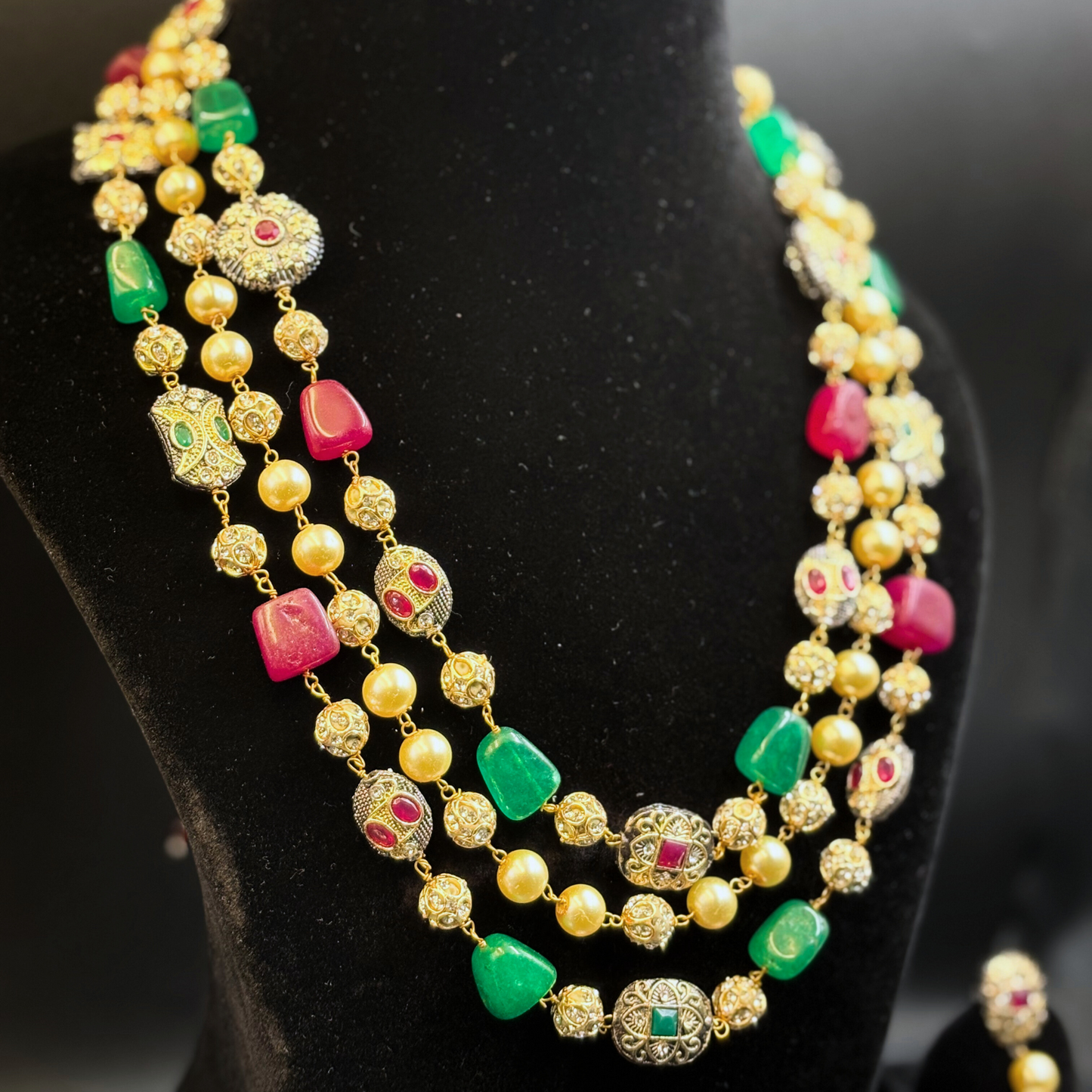 Three String Maala with Pearl ruby Emerald and Golden Balls