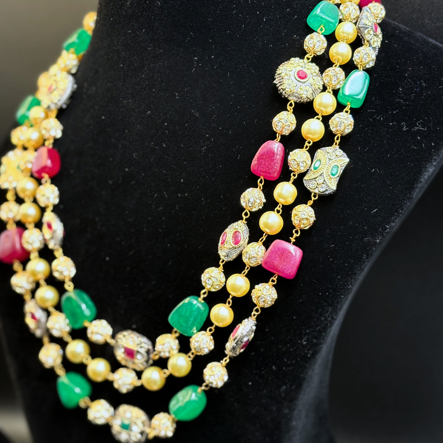 Three String Maala with Pearl ruby Emerald and Golden Balls