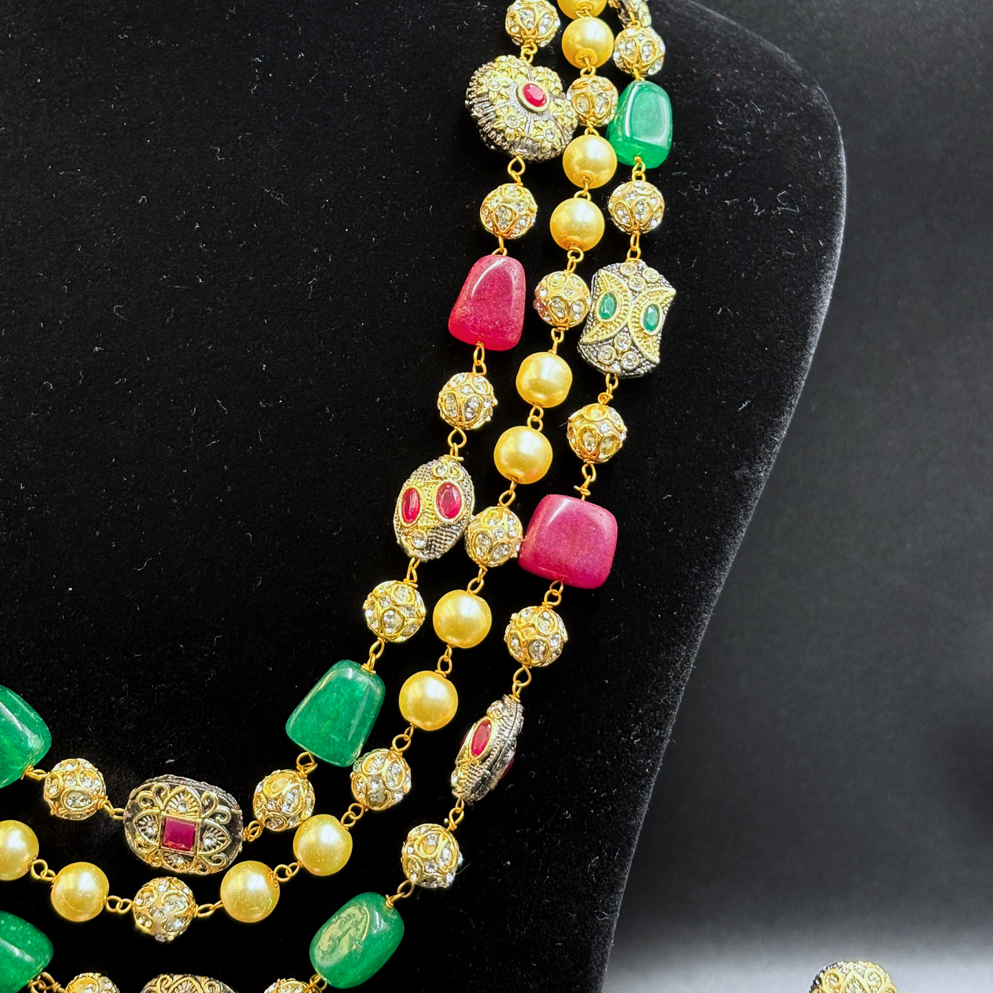 Three String Maala with Pearl ruby Emerald and Golden Balls