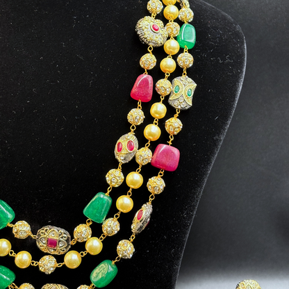 Three String Maala with Pearl ruby Emerald and Golden Balls