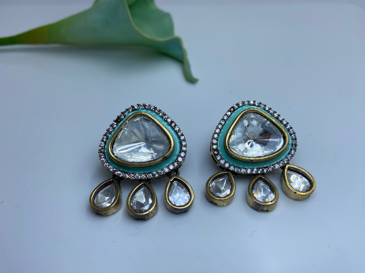 Triangle Polki Earrings Light Blue with Latkans