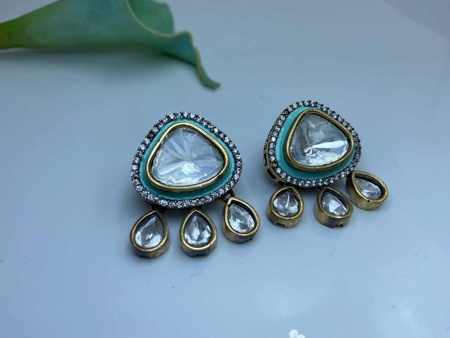 Triangle Polki Earrings Light Blue with Latkans