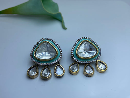 Triangle Polki Earrings Light Blue with Latkans