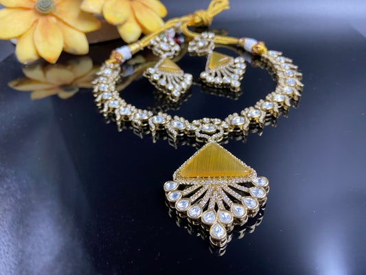 Unique Polki and AD Set with Citrine Triangle Stone