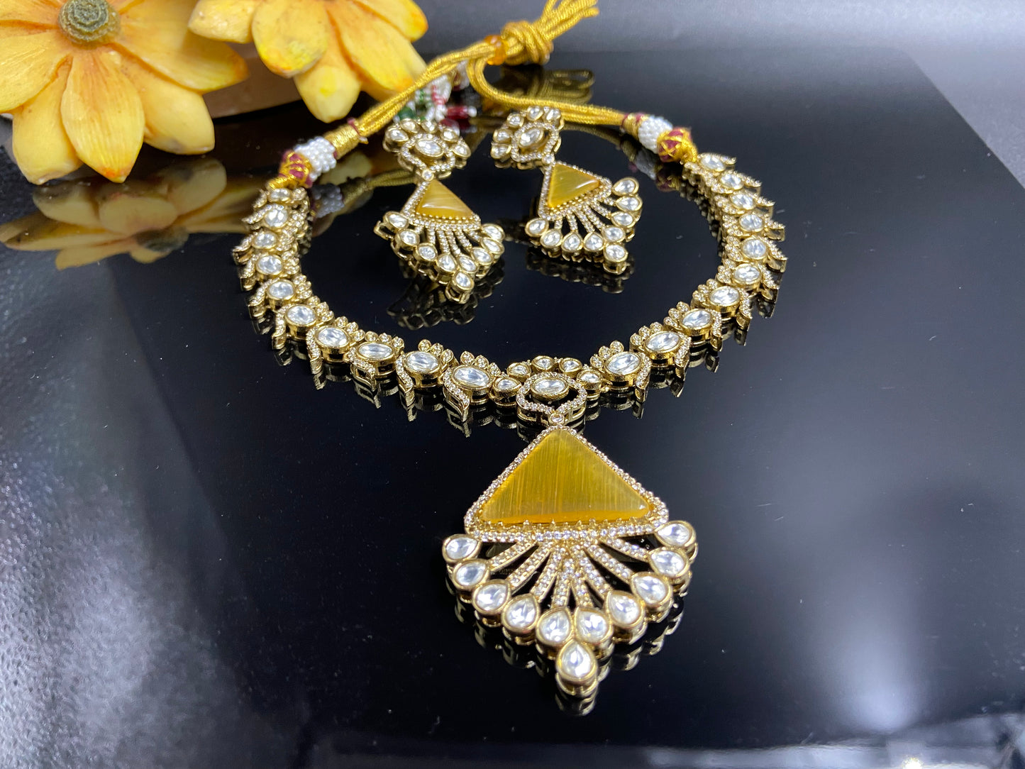 Unique Polki and AD Set with Citrine Triangle Stone