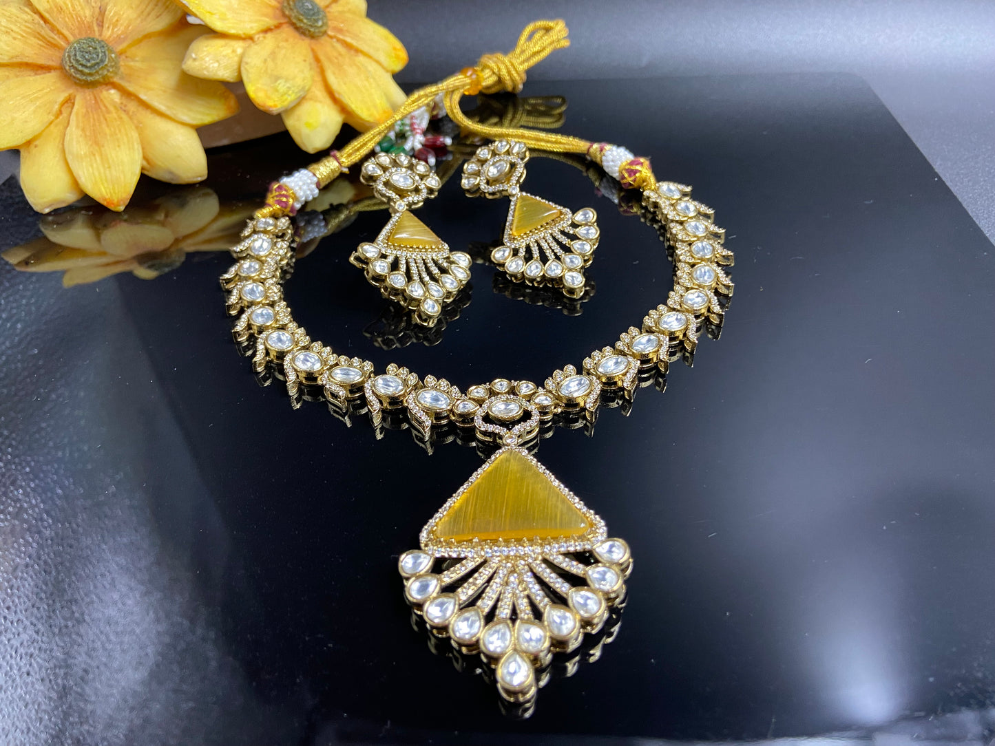 Unique Polki and AD Set with Citrine Triangle Stone