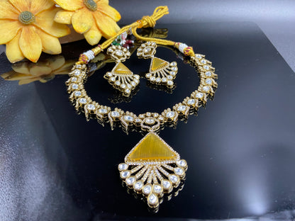 Unique Polki and AD Set with Citrine Triangle Stone